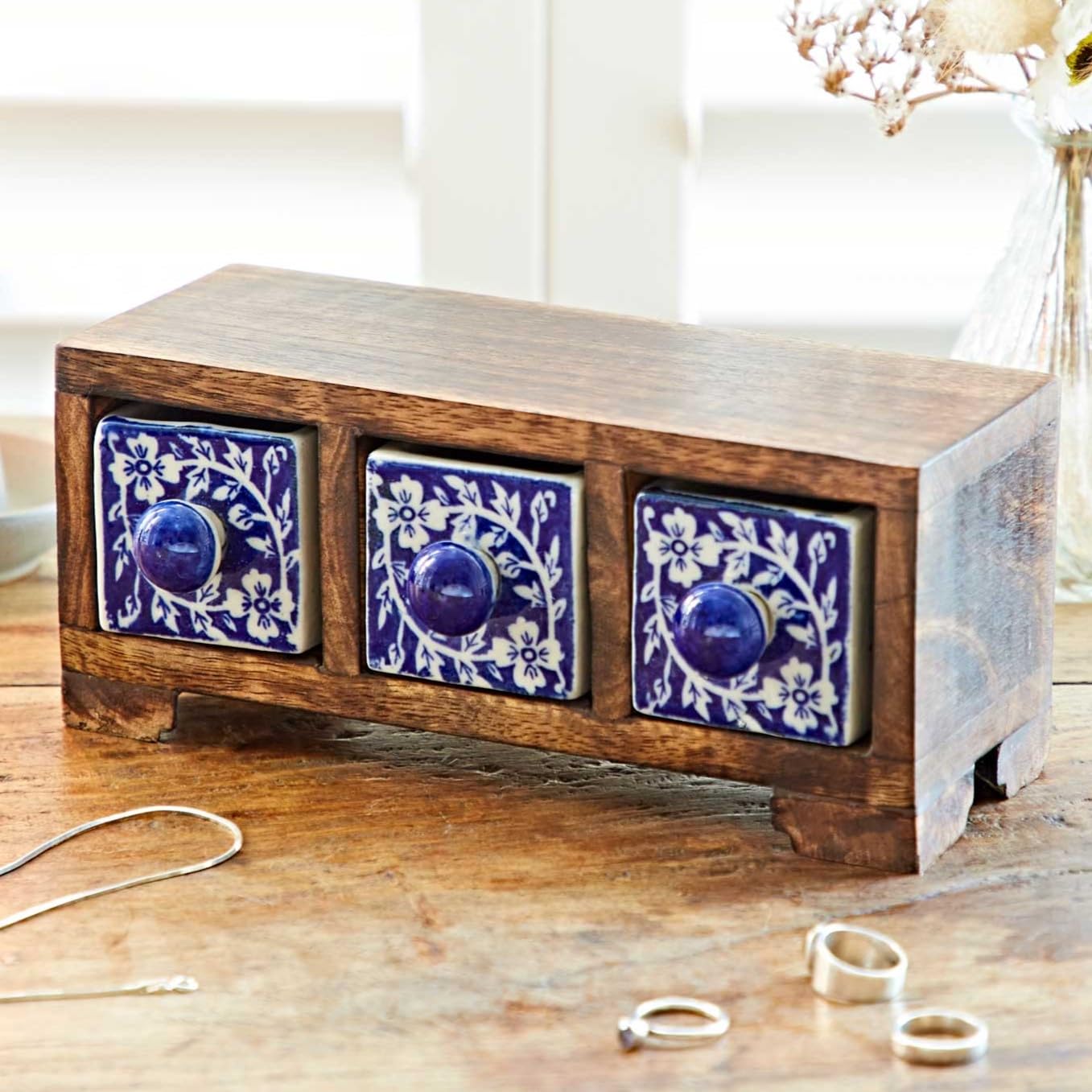 Hand Painted Blue Floral Ceramic 3 Drawer Chest - 21cm x 9.5cm x 8cm - Trinkets, Spices, Teas, Dried Herbs, Jewellery or Haberdashery Multifunctional Storage