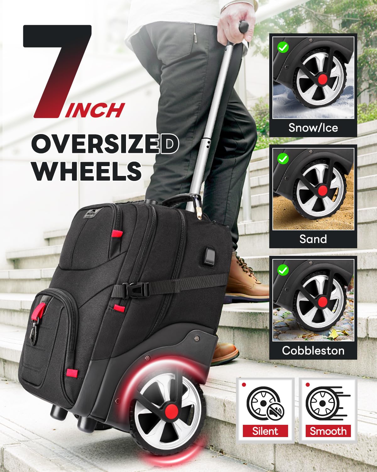 MATEIN Rolling Bag with Wheels, 17 Inch Extra Large Laptop Roller Backpack for Adults with Anti Theft Lock & USB Charging Port, Water Resistant Wheeled Bag Carry On Luggage for Teacher Work Travel Men