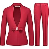 MODFUL Women's Business Pant Suit Set 2 Piece Slim Fit Blazer Jacket One Button Buckle Closure Lady Work Suit for Office (Red, X-Large)