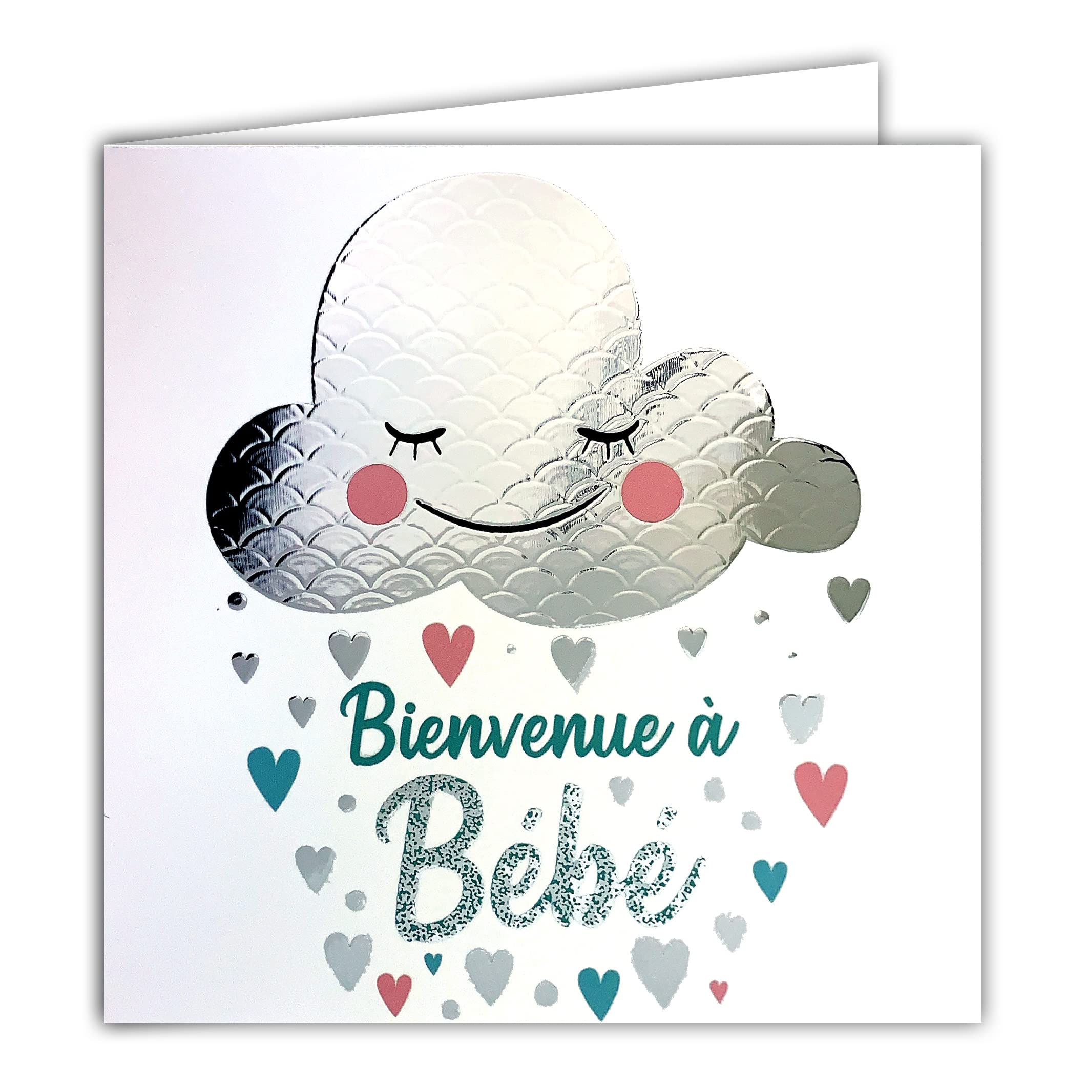 Afie Silver Square Card Welcome to Baby Unisex Boy Girl Congratulations Birth Hearts Cloud