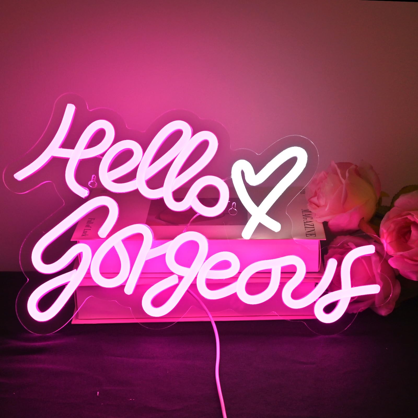 Hello Gorgeous Neon Signs for Wall Decor, Letter Neon Lights for Bedroom, Pink Led Sign with USB Powered for Beauty Room, Wedding, Birthday, Livingroom