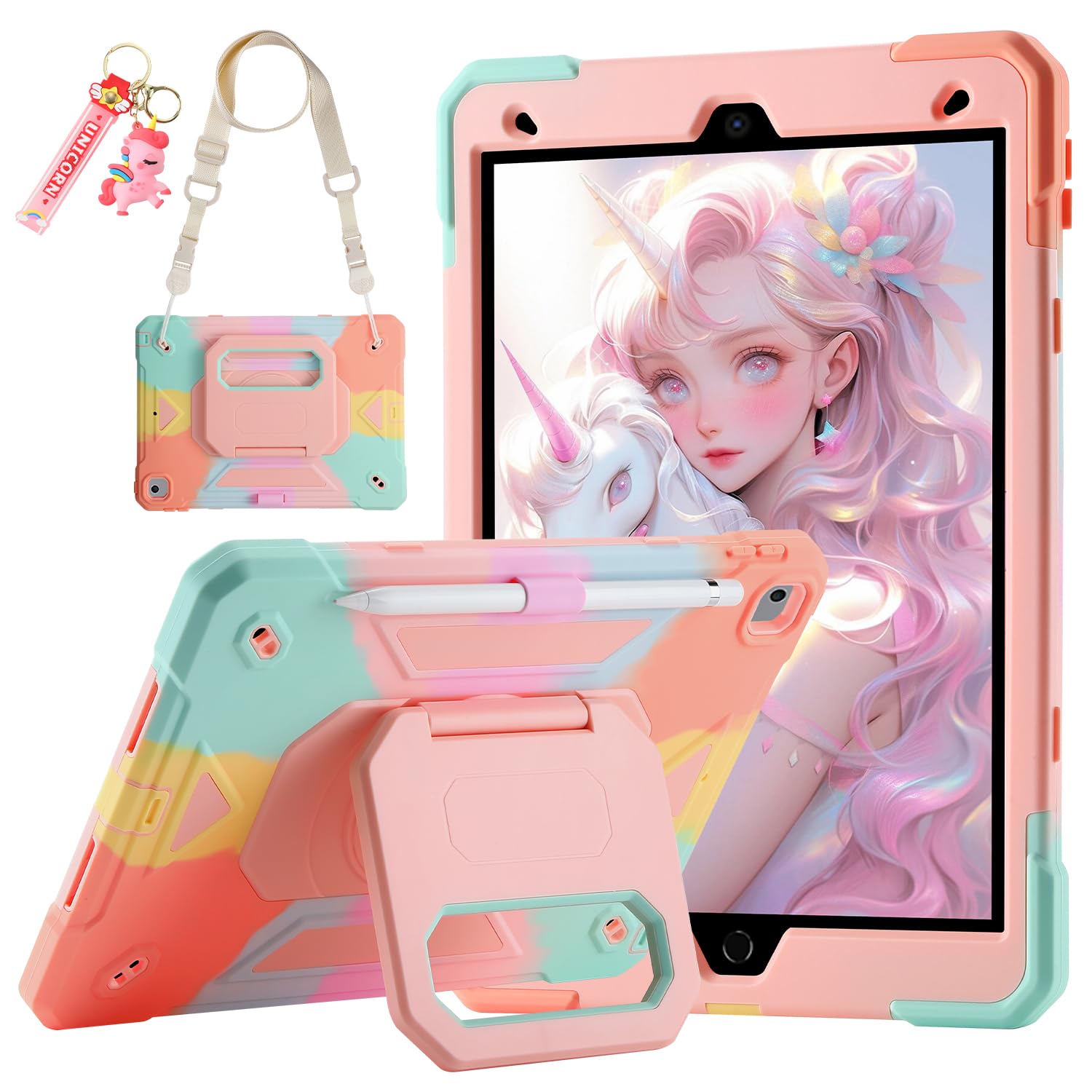 Photo 1 of for iPad 9th/ 8th/ 7th Generation Case (iPad 10.2 inch Shockproof Case) with 360 Rotating Grip Magic Stand, Pencil Holder/Keychain/Carrying Shoulder Strap, for iPad 10.2 inch Girls (Colourful)