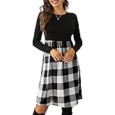 PALINDA Women's Plaid Long Sleeve Empire Waist Pleated Loose Swing Casual Flare Midi Dress with Belt