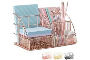 Rose Gold Desk Organizer for Women, AUPSEN Mesh Office Supplies Desk Accessories, Features 5 Compartments + 1 Mini Sliding Dr