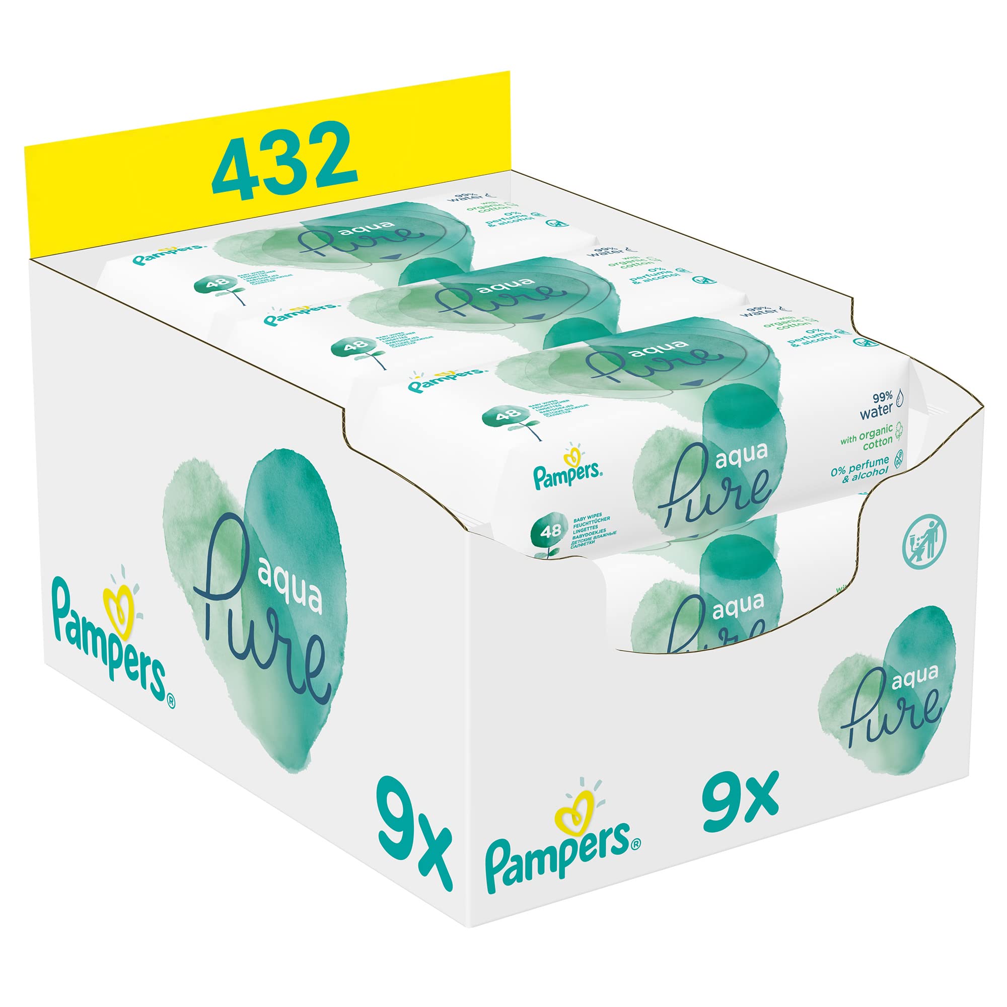 Pampers Aqua Pure Baby Wipes 9 Packs of 48 Wipes = 432 Baby Wipes Made with 99% Pure Water, Dermatologically Tested