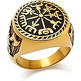 Oaldilee Nordic Battle Axe Ring Viking Vegvisir Pirate Compass Rings Stainless Steel/18K Gold Plated/Black Norse Symbol Vintage Jewelry for Men Women Send Gift Box