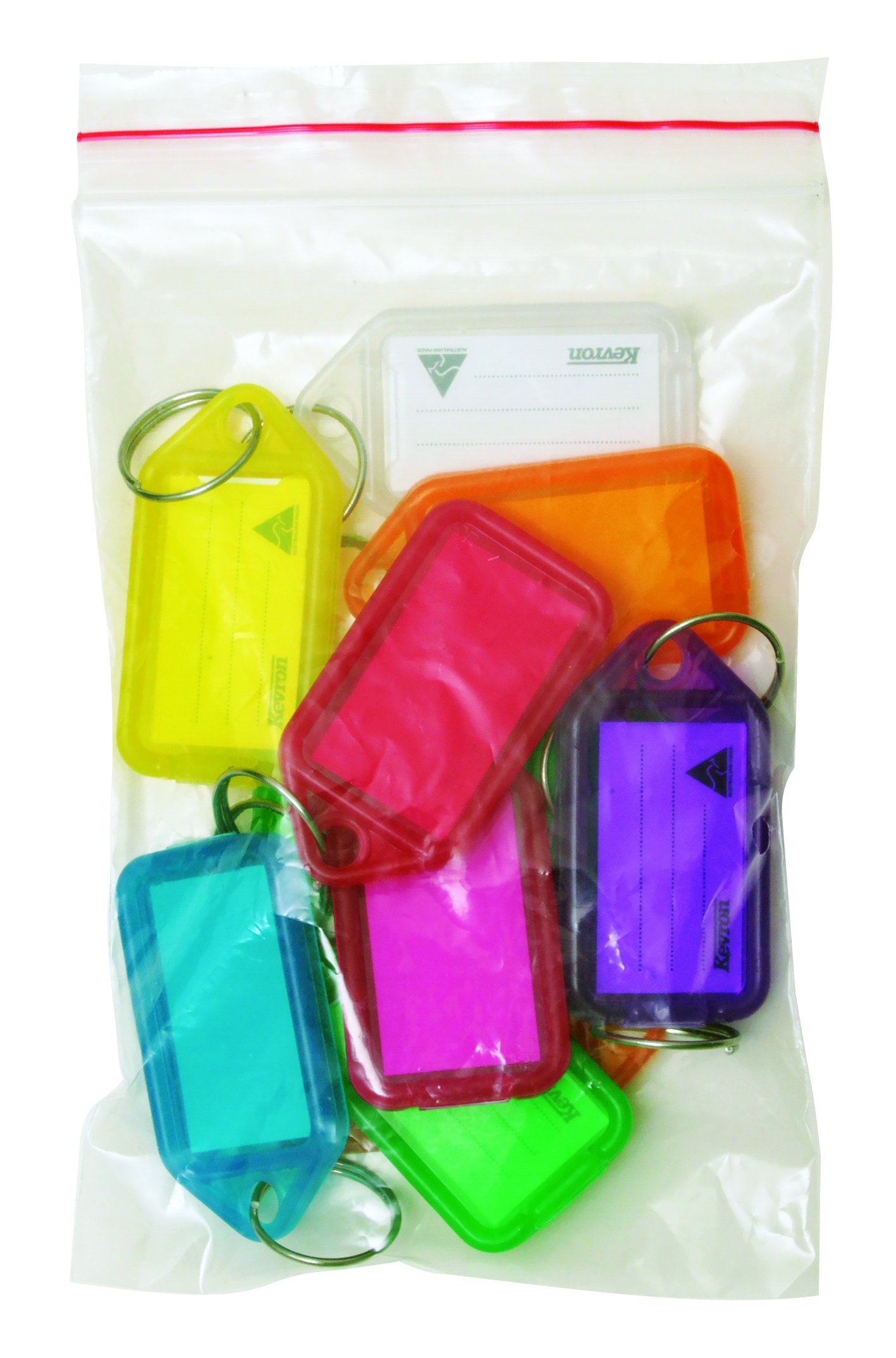 Kevron 56x30mm Assorted Colour Key Tags with Labels Pack of 10 for Identification, Security, Luggage, Pet Names, Memory Sticks, Home & Office