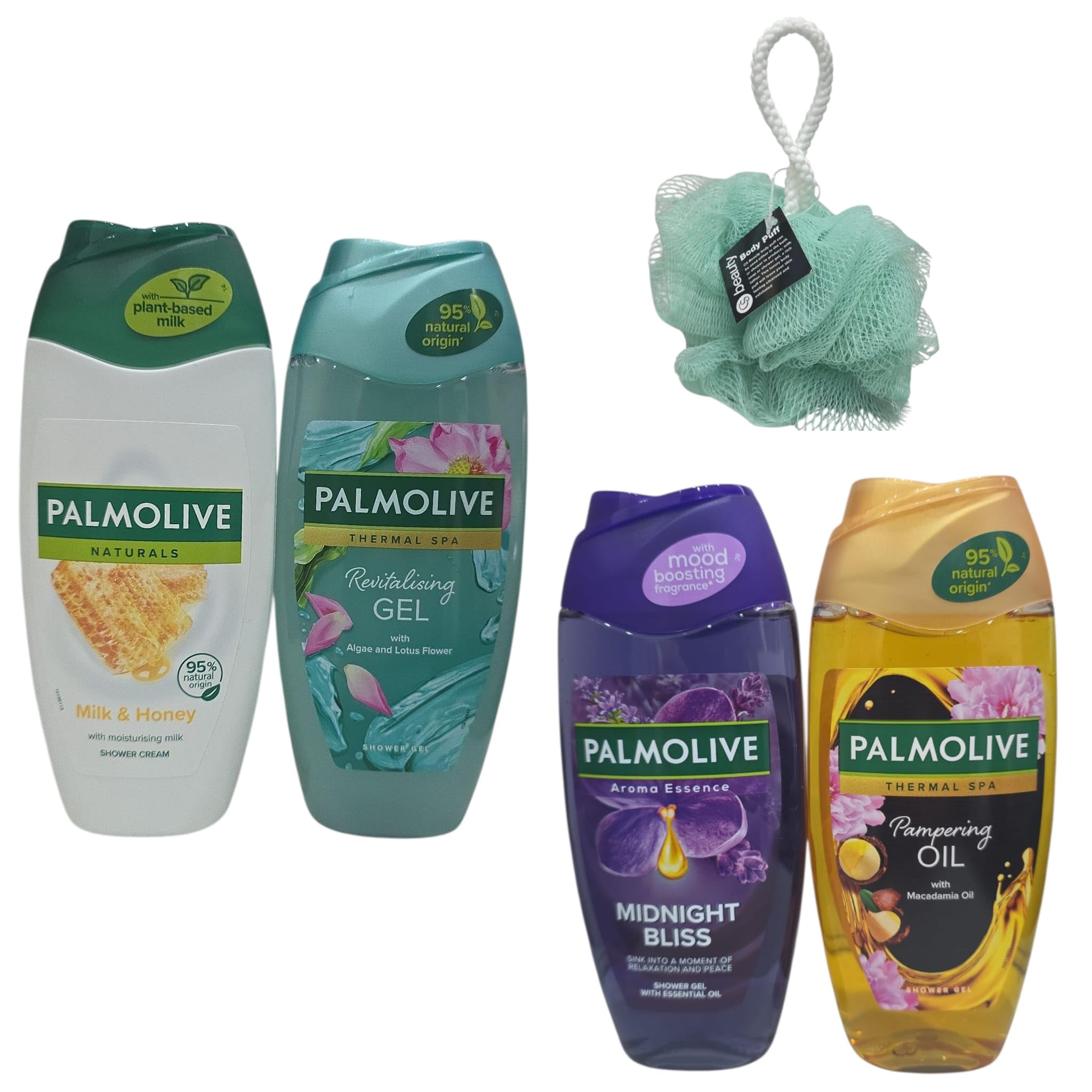 Palmoliv Shower Gel Gift Set – 4 x 250ml Bottles (Thermal Spa, Midnight Bliss, Milk & Honey, Revitalising Gel) with FREE Body Puff | Luxurious Bath & Body Gift | Natural Extracts | For All Skin Types