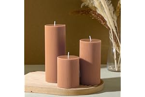 Conelist Ribbed Pillar Candles Set of 3, Width 3" High 4" 6" 8" Large Soy Wax Scented Pillar Candles Aesthetic Ribbed Modern Home Decor for Bathroom Living Room(Brown)