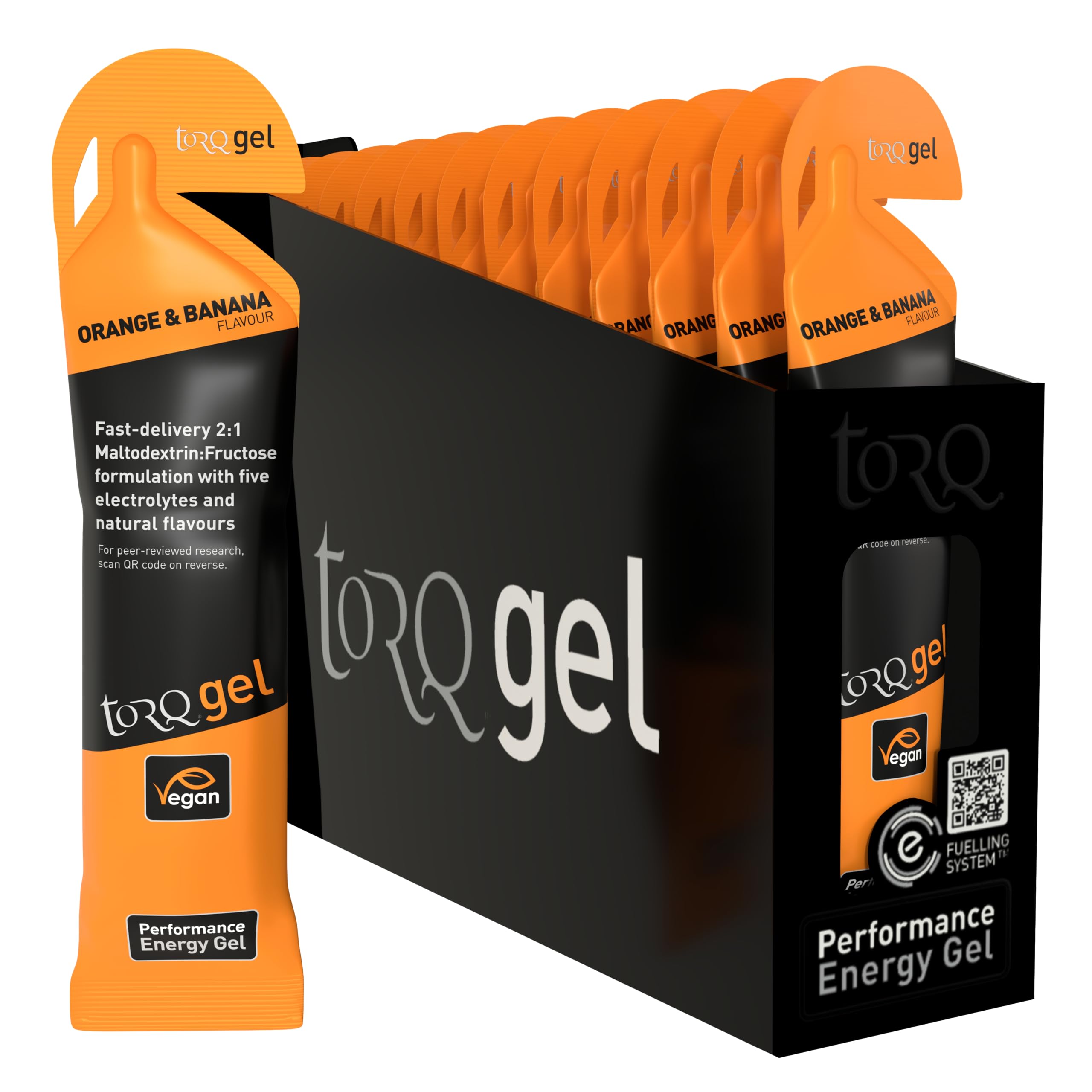 TORQ Running Gels with Electrolytes - 2:1 Maltodextrin: Fructose for Endurance Sports & Optimal Performance | Energy Gels for Running, Cycling & Marathons - 30g Carbs Per Gel |Orange & Banana 15