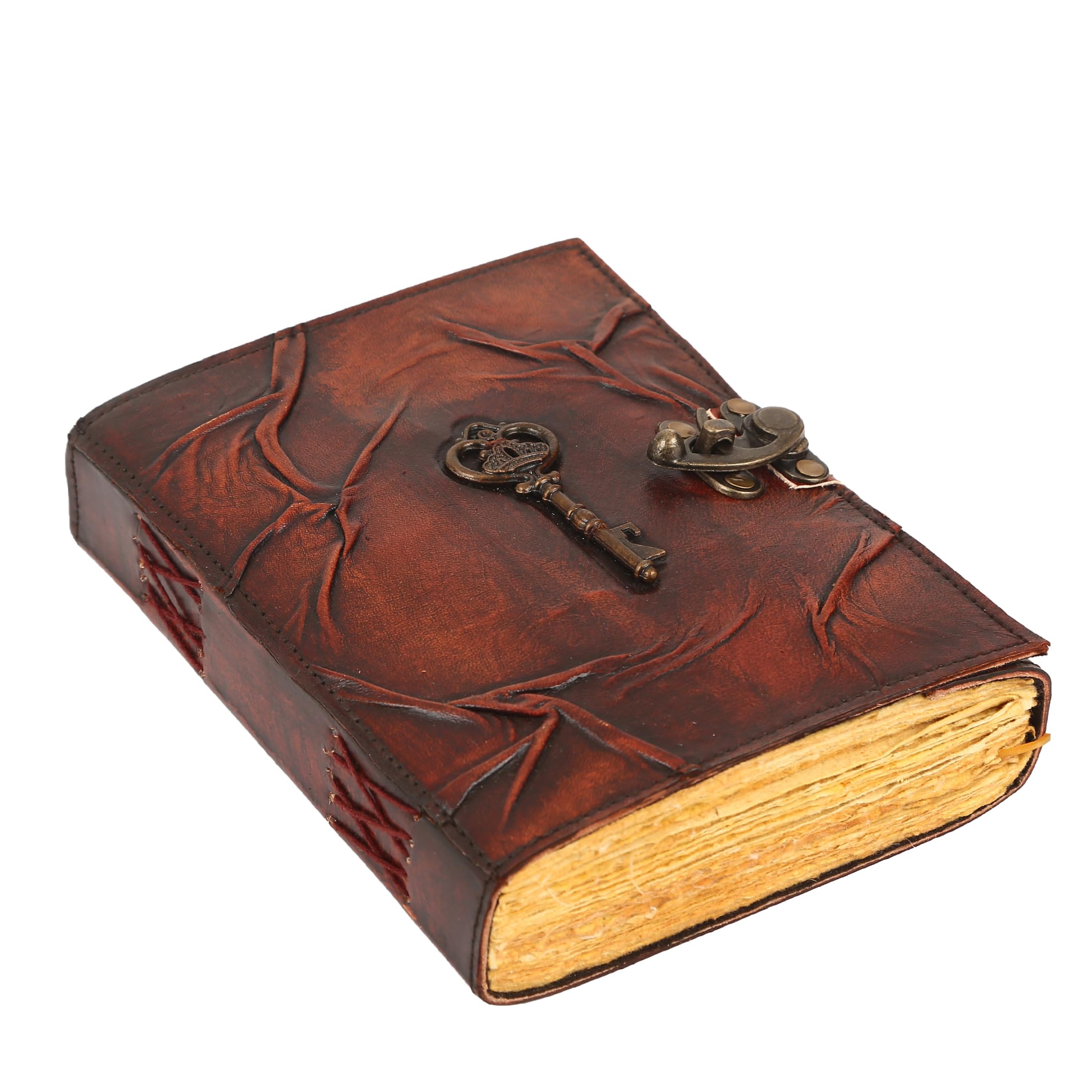 ANANYOM Handmade Leather Journal, Brown, Antique Key Design Notebook Diary, Sketchbook with Brass Clasp Lock, Embossed Journal for Men & Women, Office Journal Deckle Edge Unruled 200 Pages, Size 7 (L)