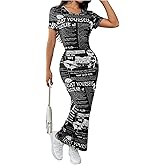 WDIRARA Women's Newspaper Print Short Sleeve Maxi Dress Summer Casual Bodycon Dresses