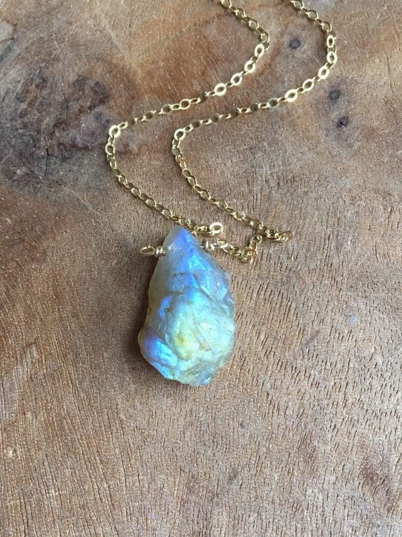 Raw Gold Labradorite Necklace 18 Inch Crystal Jewelry Gift For Women