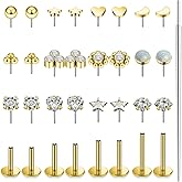 Lsnevsie 14K Gold Filled 20G 18G 16G Threadless Flat Back Earrings Studs Surgical Stainless Steel Clear CZ Push In Nose Rings Studs Tragus Helix Conch Cartilage Earrings Piercing Jewelry For Women Men