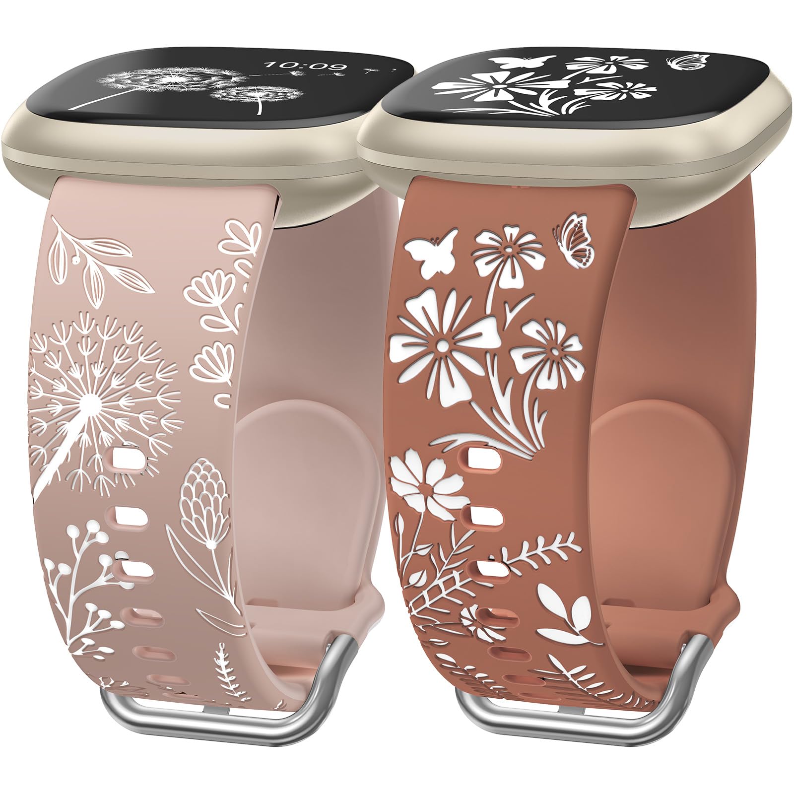 Wearlizer 2 Pack Floral Engraved Strap Compatible with Fitbit Versa 3 Straps/Versa 4 Straps/Sense 2/Sense Bands Women, Cute Two-Tone Flower Soft Silicone Sport Bracelet Milk Tea/White Brown/White