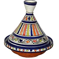 Moroccan Handmade Serving Tagine Ceramic With Vivid colors Original 8 inches Across Blue Stripes