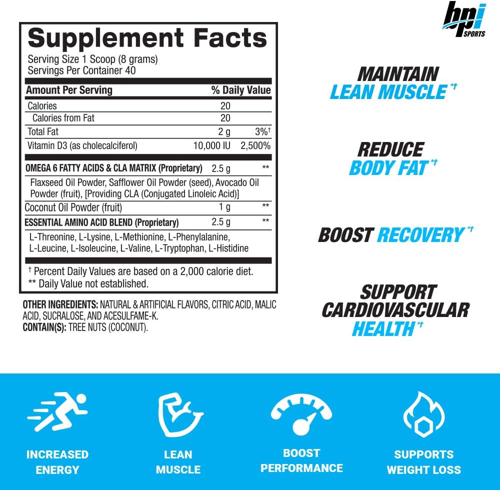 BPI Health CLA + Coconut Oil + Aminos, Non Stimulant Fat Loss Supplement Powder, Tropical Breeze, 40 Servings,11.28oz: Health & Personal Care