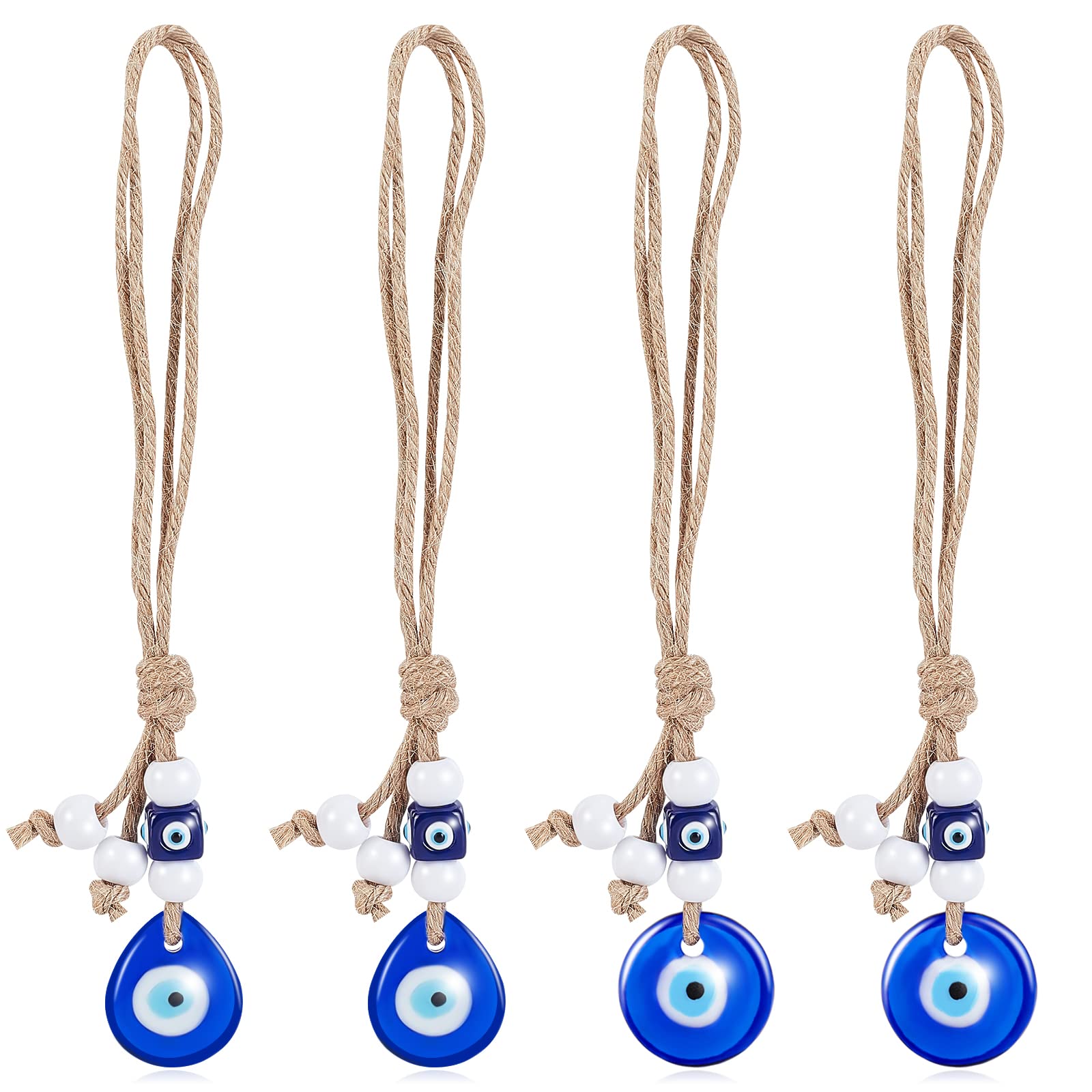 WEBEEDY 4 Pcs Blue Evil Eye Hanging Ornament, Turkish Blue Eye Glass Charm Pendant, Car Ornament Accessory for Rear View Mirror, Wall Hanging Blessing Ornament for Weddings, Home Decor