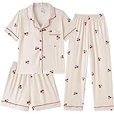 Hupohoi Girls Pajamas Short Sleeve Long Pants and Shorts 3 Piece Sleepwear Button Down Outfit with Pockets Loung Sets