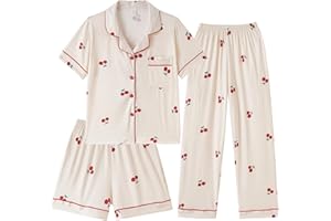 Hupohoi Girls Pajamas Short Sleeve Long Pants and Shorts 3 Piece Sleepwear Button Down Outfit with Pockets Loung Sets