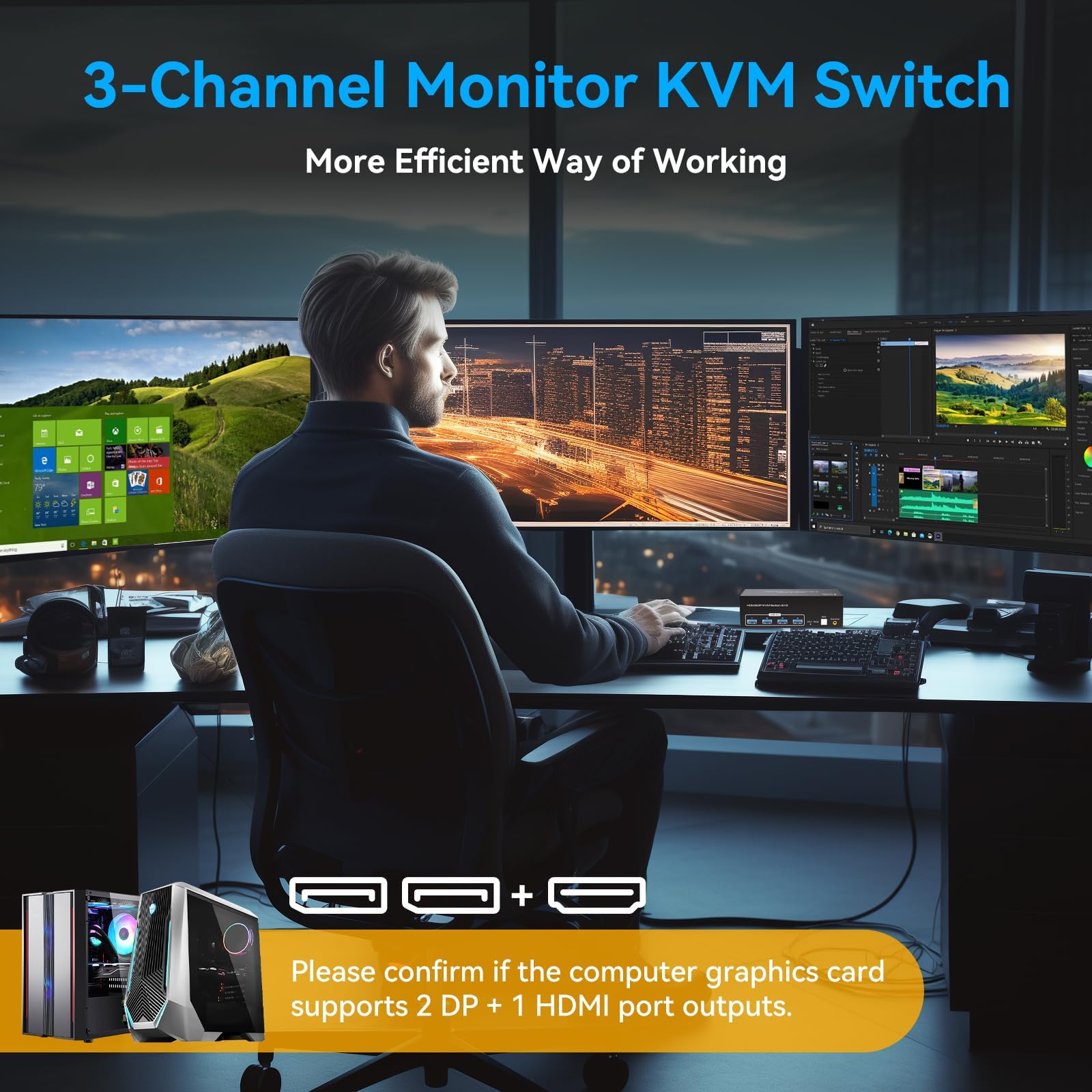 VPFET 2 Displayport HDMI KVM Switch 2 PC 3 Monitore 4K144Hz 8K60Hz Triple Monitor KVM Switches für 2 Computers Share 3 Monitore mit 4 USB 3.0 Ports Inklusive 2 USB 3.0 Kabeln und Externer Steuerung 4