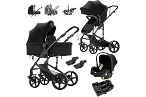 REENBORN 3 in 1 Baby Travel System, Reversible Baby Stroller, Pushchair Luxury Baby High Landscape Pram, Portable Standard Pram Buggy, Foldable Baby Carriage for Newborn Toddler (UD588-Black with Base)