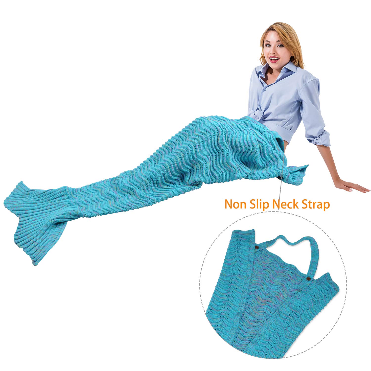 Mermaid Tail Blanket with Anti-Slip Neck Strap,Soft Knitted Mermaid Blanket Holiday Birthday Valentines Gift for Girls Women Adults Teens All Seasons Sleeping Bag Blue By Catalonia