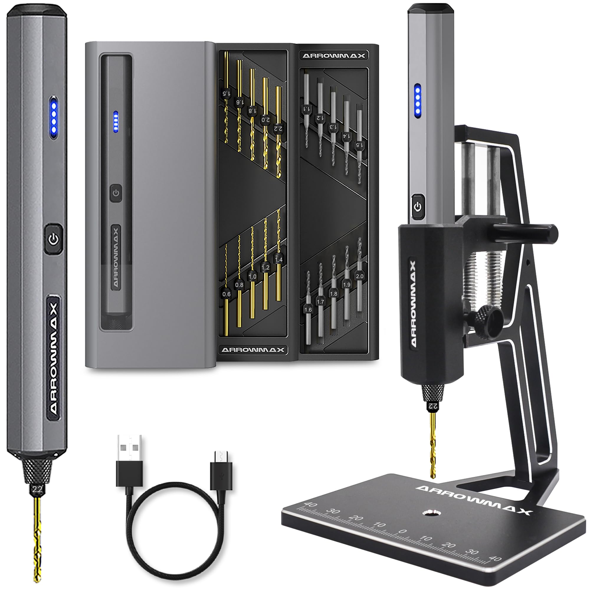 Photo 1 of AM ARROWMAX Mini Electric Drill with Benchtop Press, 25 in 1, Cordless, Rechargeable, Aluminium case, 600RPM, 10 HSS & 10 PCB Drill Bits, DIY, Wood, Jewelry Making(SDS MINI PLUS 20)