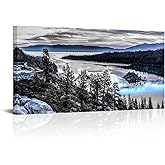 sechars Lake Tahoe Canvas Wall Art Decor Black and White Blue Mountains Picture Photo Prints California Landscape Painting for Living Room 24x48 Inch