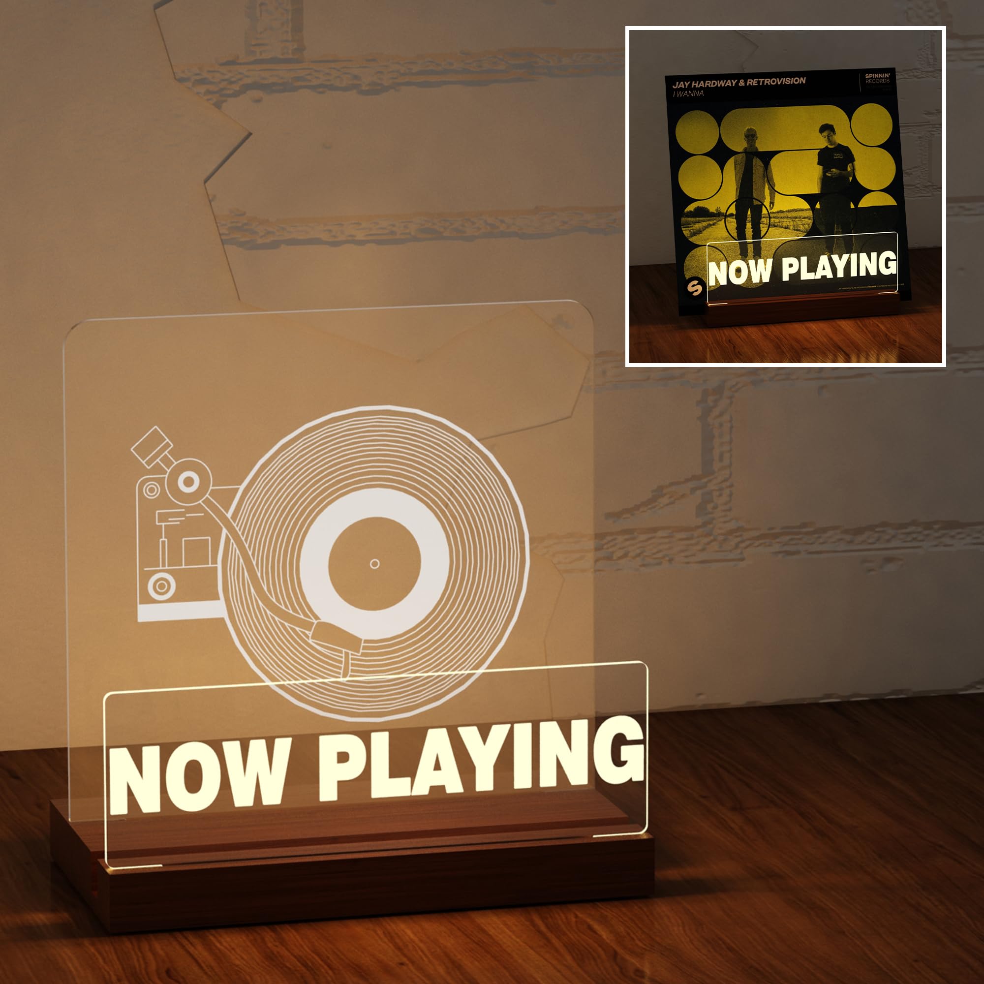 Ammonite Light up Now Playing Vinyl Record Stand, Record Stand, Wooden Acrylic Holder for Vinyl Album Display and Storage Warm White Color Lights, Vinyl Record LED Collection Holder