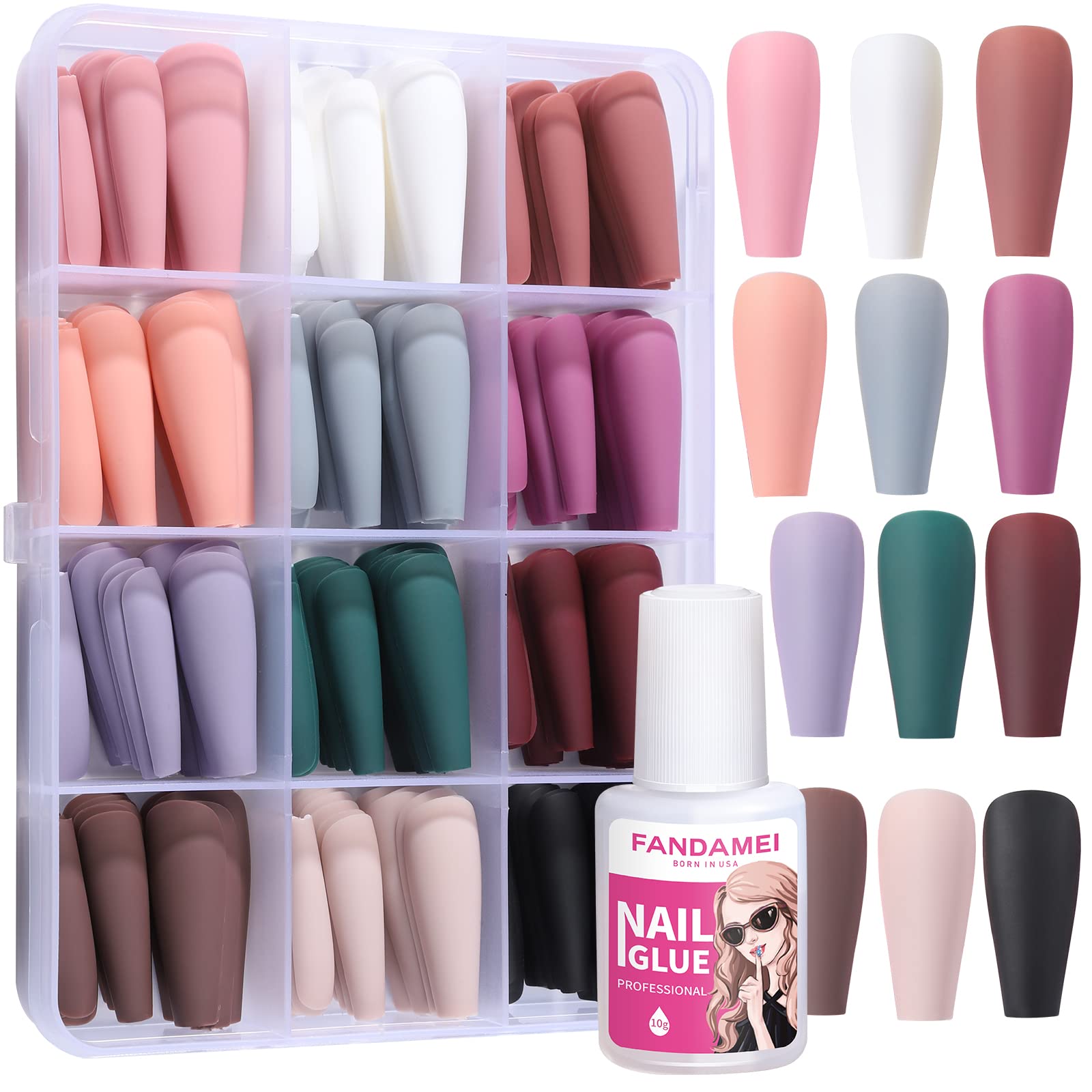 FANDAMEI Matte Press On Nails Long Coffin, 12 Color 240PCS Full Cover Long Ballerina Fake Nails, Acrylic False Nail Tips with 10g Nail Glue, 12 Solid Color False Nail for Women Girls Nail Art DIY
