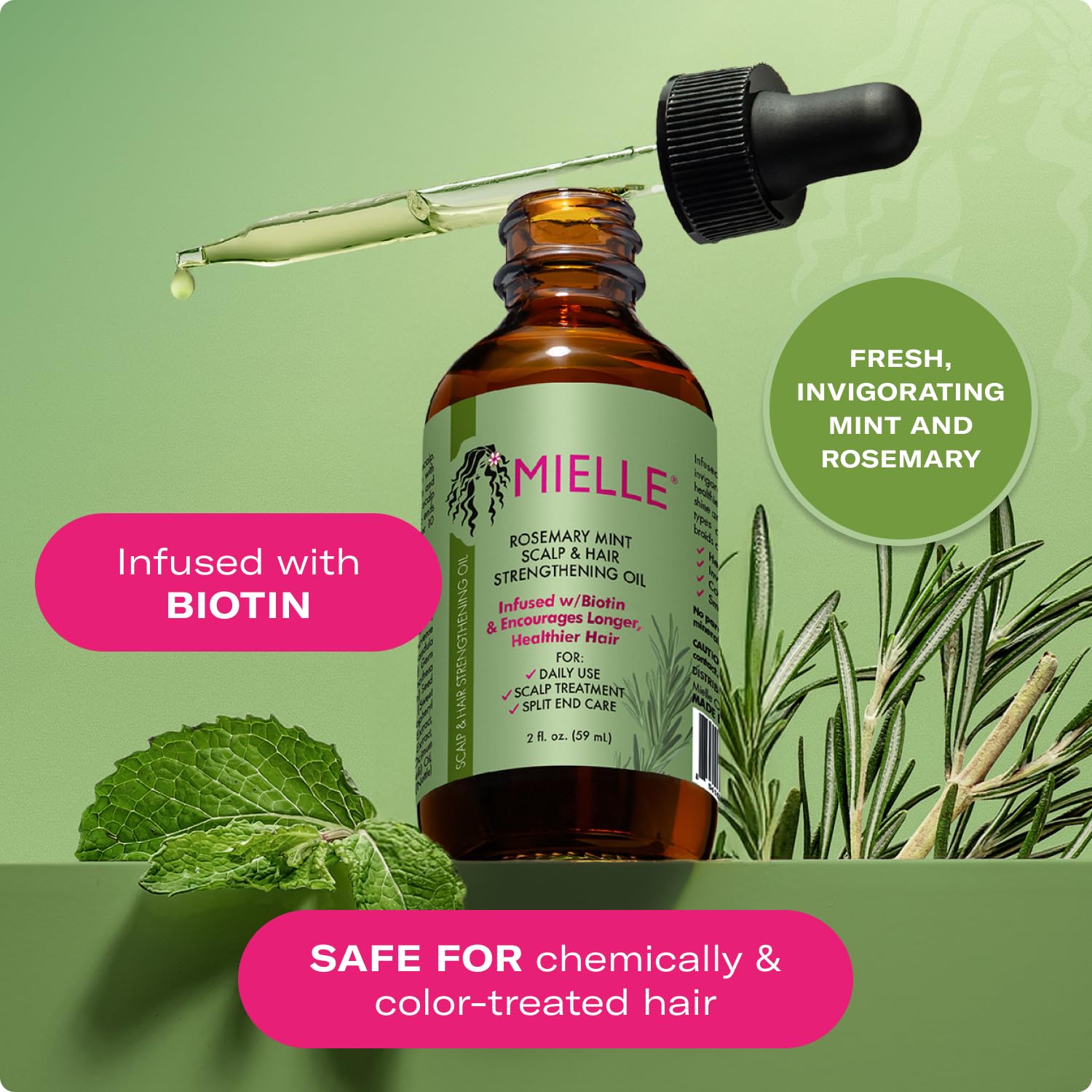 Mielle Organics Rosemary & Mint Hair Oil, Split Ends & Dry Scalp Treatment - Made with Biotin & Essential Oils for Strengthening, Soothing, Moisturizing & Encouraging Longer, Healthier Hair (2 Fl Oz)