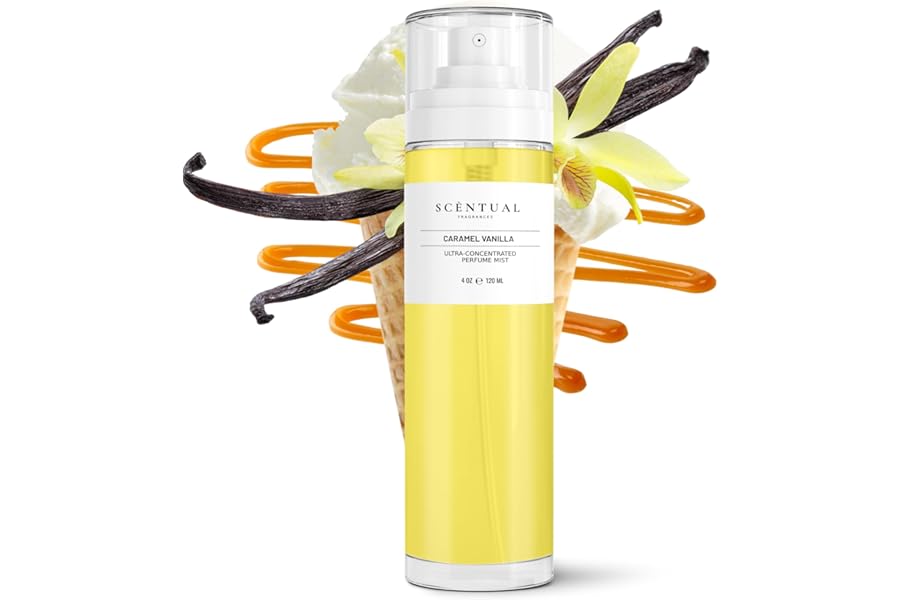 Scentual Fragrances, Ultra-Concentrated Hair & Body Perfume Mist, Long Lasting Women’s Fragrance, Gourmand Perfumes for Women, Vegan and Cruelty Free (Caramel Vanilla)