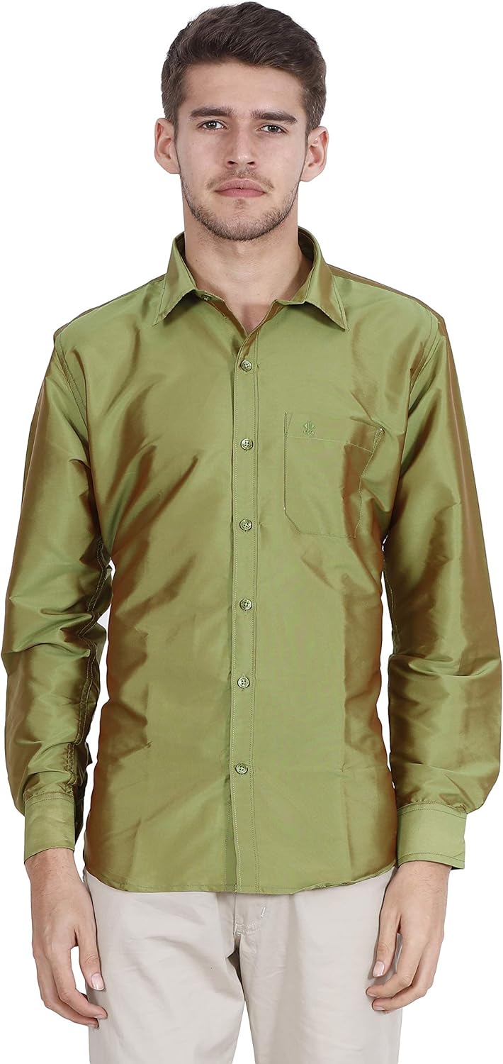 Buy Mandasmitha Plain Blended Silk Shirt in Olive Green at Amazon.in