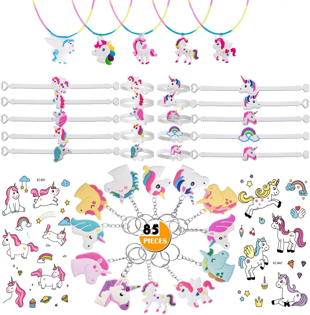 84PCS Unicorn Party Favors for Kids Girls, Unicorn Party Supplies Birthday Decorations w/Unicorn Mask, Headband, Bracelet, Keychain, Tattoos, Colorful
