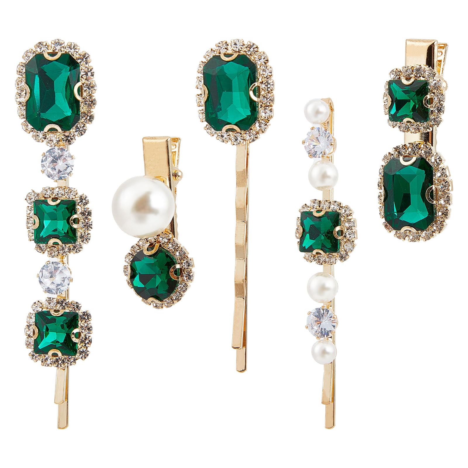 NICENEEDED 5 PCS Green Rhinestone Hair Clips Set, Glitter Crystal Hair Jewelry Barrettes, Sparkle Gemstone Pearl Hairpins Headpieces for Women and Girls Hair Decoration