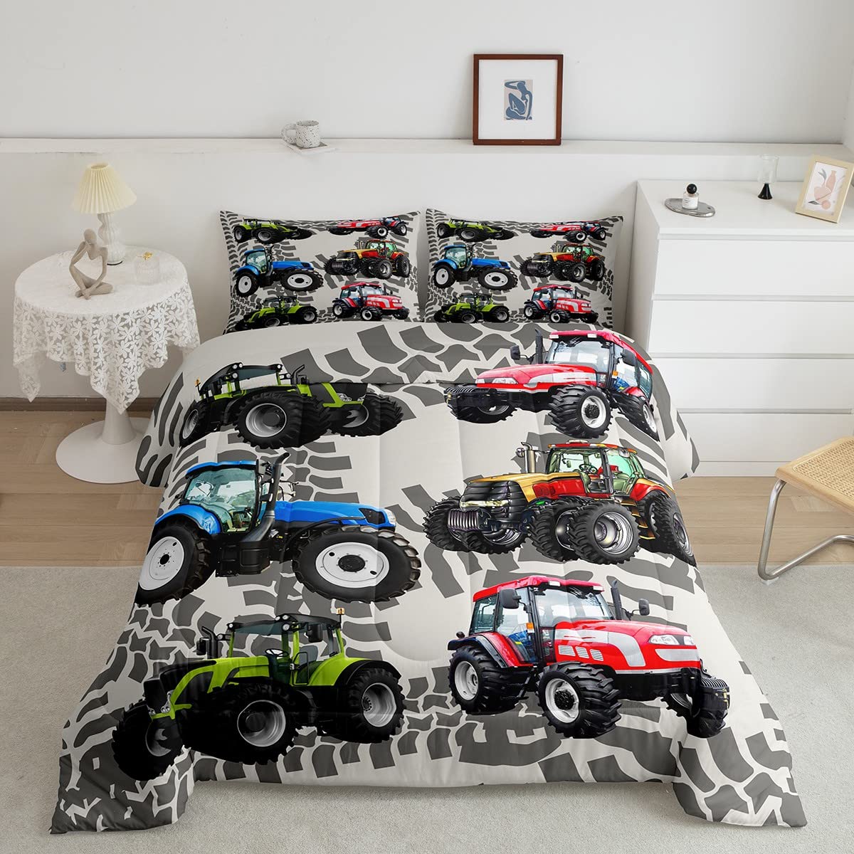 Loussiesd Tractors Comforter Boys Cartoon Construction Tractor Duvet Insert/Quilt Kids Vehicles Truck Car Bedding Set for Children Teens Nursery Red Blue Green Cars Duvet Set Single Size