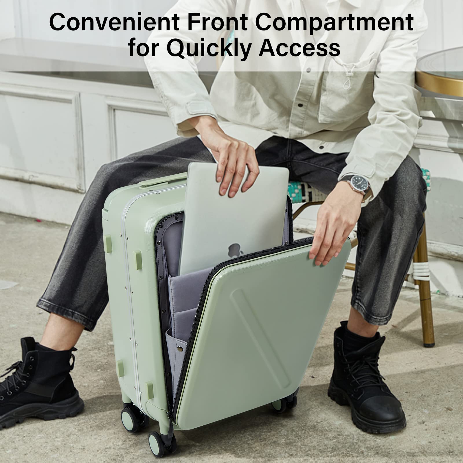 MILADA Luggage Hard Shell Suitcases Airline Approved Carry on Luggage 22x14x9 TSA Approved Luggage 20 Inch Front Opening Pocket Wide Handle Suitcase with Wheels Travel Luggage, Green