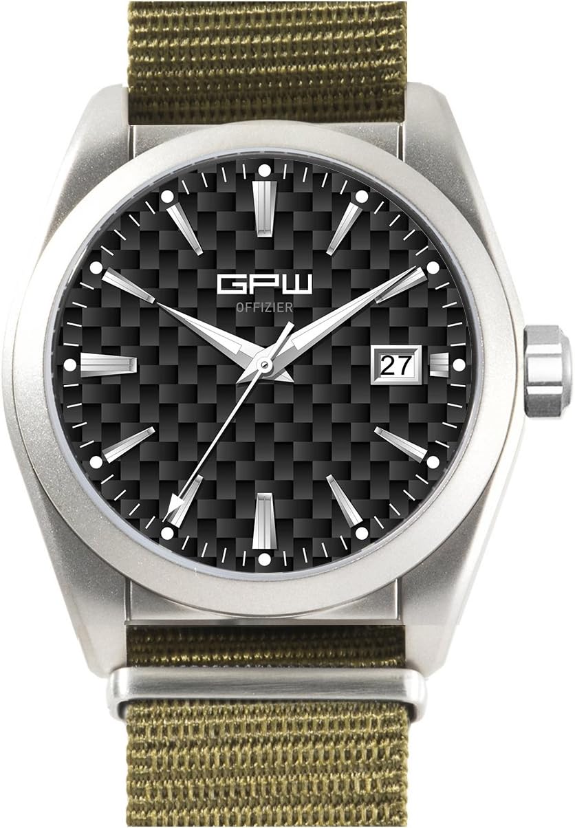 German Military Titanium Offizier GPW Automatic. Carbon Fiber Dial. Sapphire Crystal. Green Nylon Strap.
