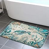 Sea Turtle Octopus Bath Mat, Blue Teal Ocean Beach Bath Rug, Underwater Jellyfish Coastal Nautical Bathroom Accessories Soft Non Slip Rug Sets for Bathroom Bedroom Kitchen Outdoor Indoor 17X29IN