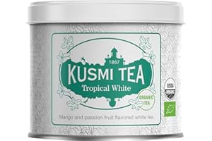 KUSMI TEA, Tropical White - Loose Tea Leaf Tin - Organic White Tea with Mango and Passion Fruit Flavour, 90g