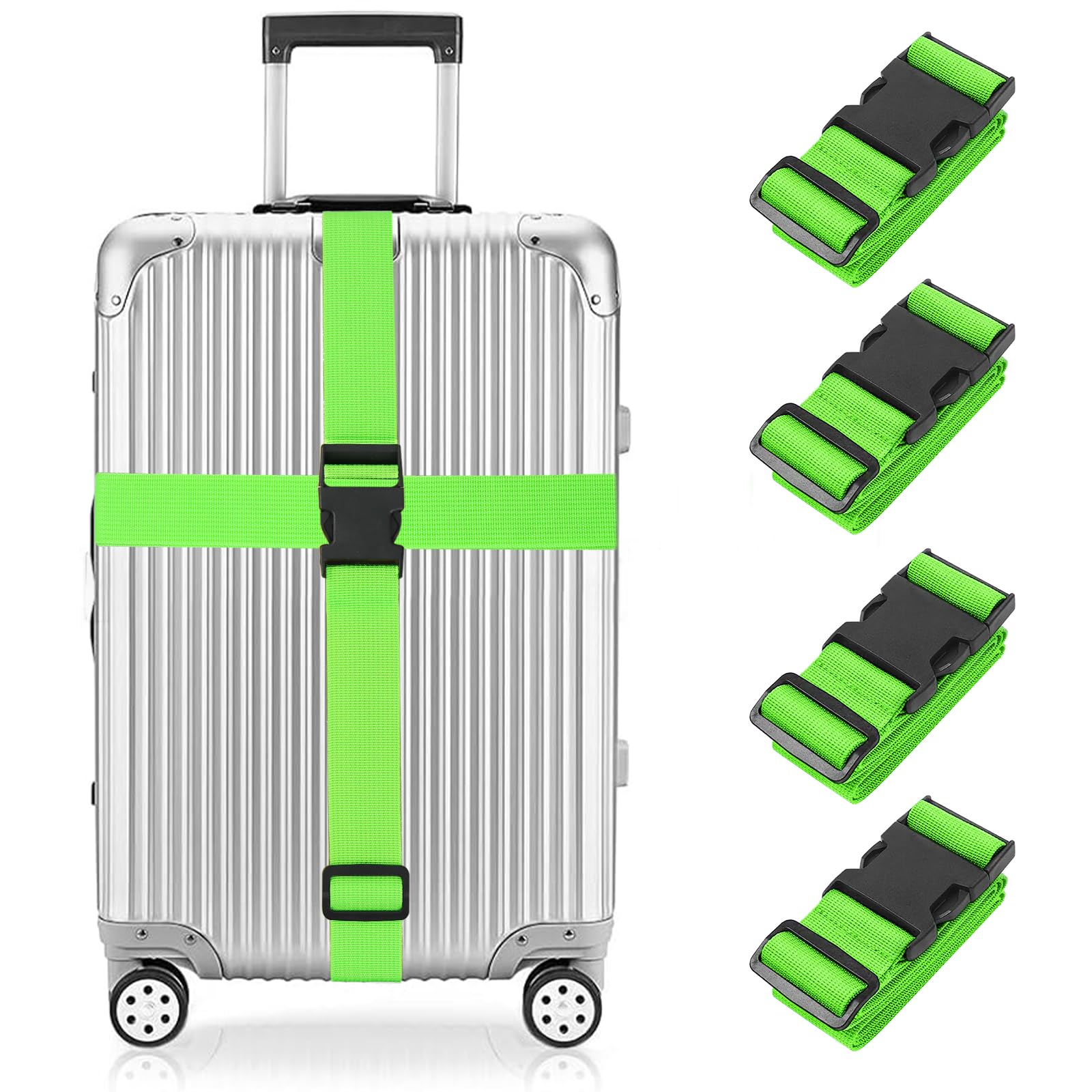 Newthinking Luggage Straps for Suitcase 4 Pack, Heavy Duty Adjustable Suitcase Bands with Buckle, Green Luggage Identifier Belts for Travel Case, 3.8x200CM