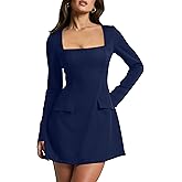 YMDUCH Women's Sexy Square Neck Long Sleeve A-Line Mini Party Dress with Pockets