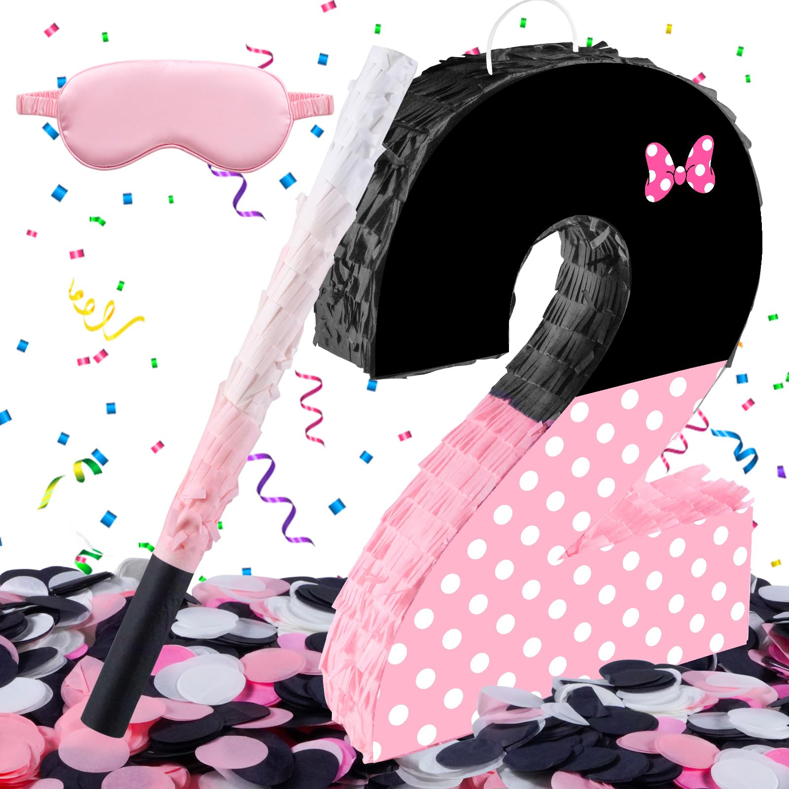 Photo 1 of 15.7 x 11.5 x 3 Inch Pink Bow Number 2 Pinata,Pink Bow Birthday Decorations, Fillable Hanging Piñata with Stick Blindfold Confetti for Girls Boys 2nd Anniversary Party Decorations