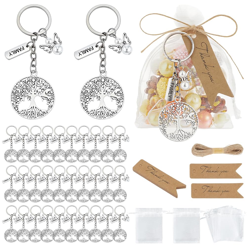 PH PandaHall 50 Sets Family Reunion Favors Tree of Life Keychain with Angel Charm Organza Gift Bags Tree Keyrings with Thank You Cards for Guest Return Gathering Souvenir Wedding Birthday Party Favor