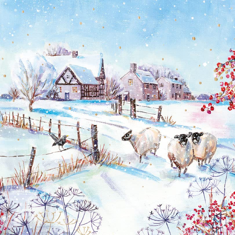 Sheep On Wintery Lane in Countryside - Pack of 6 Festive Art Xmas Charity Christmas Cards by Ling Design