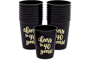 Sparkle and Bash 16 Pack Cheers to 40 Years Plastic Party Cups - 40th Birthday Decorations for Men and Women, Anniversaries (Black Plastic Cups, 16 Oz)