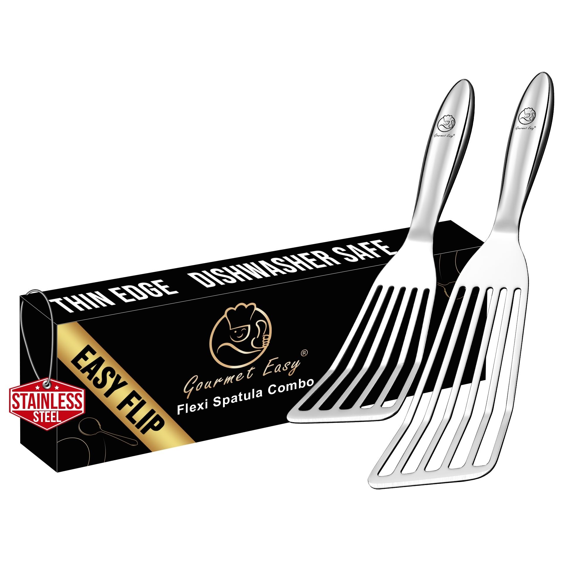 Fish Spatula Stainless Steel Combo, 1 Large Fish Turner Spatula + 1 Small Griddle Flipper, Metal Flipper for Kitchen Use, with Thin Edge Ideal for Turning & Flipping