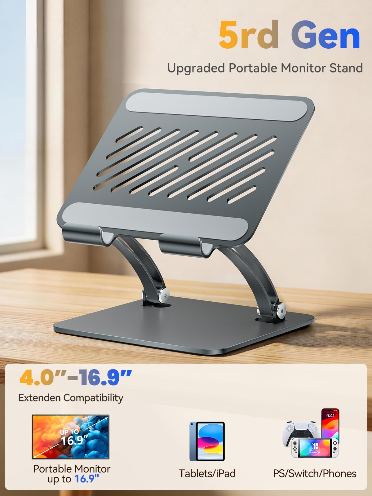 tounee Tablet Halterung, Zweistabig Verstellbarer Aluminium Desktop-Ständer, Kompatibel mit 4,7-16,5" iPads, Surface-Tablets, Tragbaren Monitoren, Kindle und Viel Mehr (Grau) 2