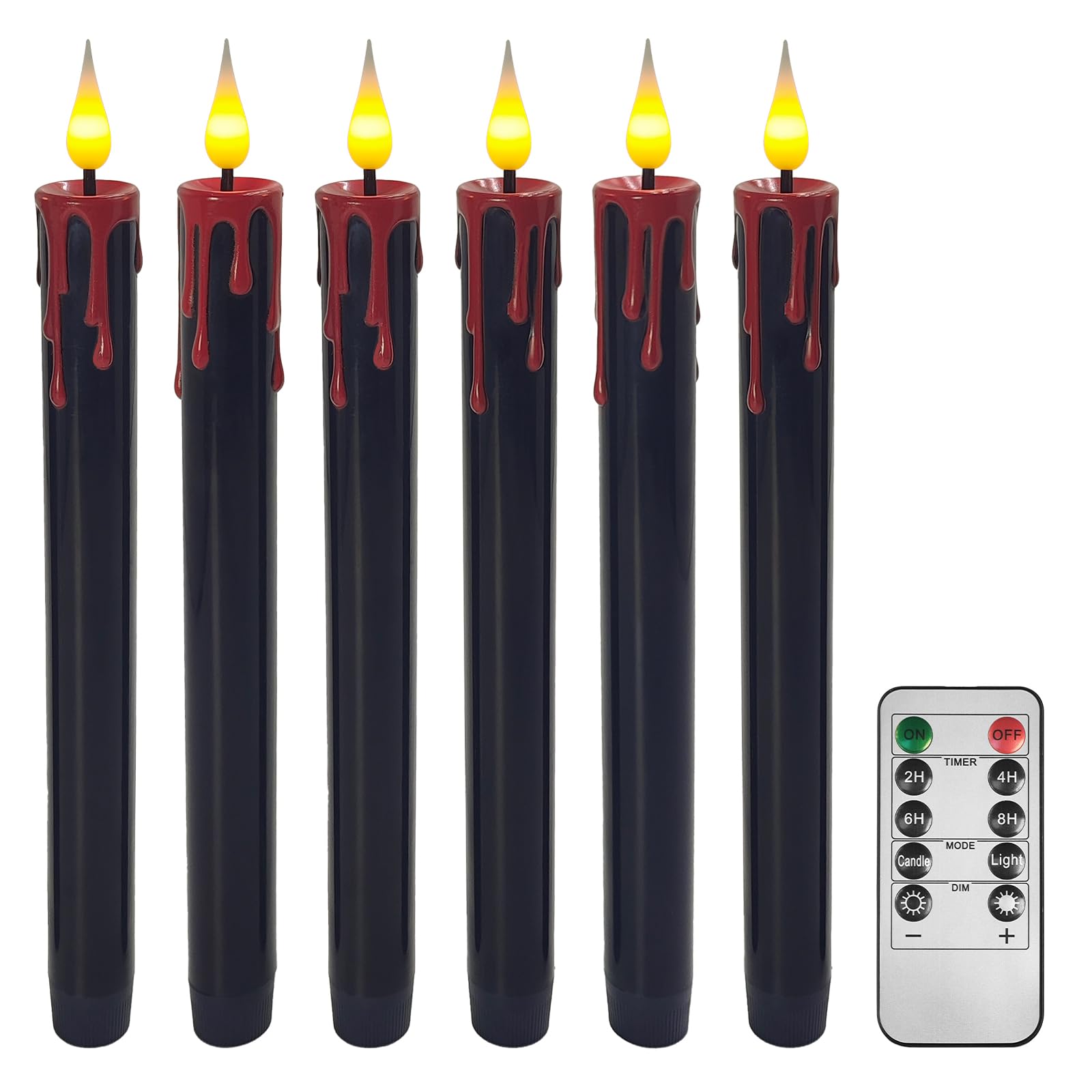 Photo 1 of ODTRAM Flameless Taper Candles with 3D Flickering Effect Blood Dripping & 10-Key Remote?Taper Candles Battery Operated for Halloween Spooky Horror Home Decoration - Set of 6 Black(0.8" x 10")